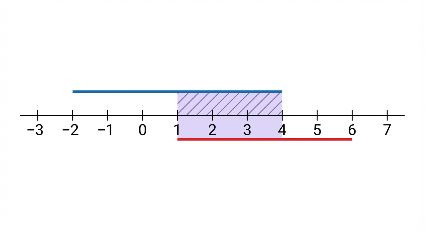 Schéma d'une droite graduée horizontale de -3 à 7. Un trait bleu est tracé au-dessus de la droite de -2 à 4. Un trait rouge est tracé un peu plus bas de 1 à 6. La zone de chevauchement entre 1 et 4 est mise en évidence par une couleur violette ou des hachures.