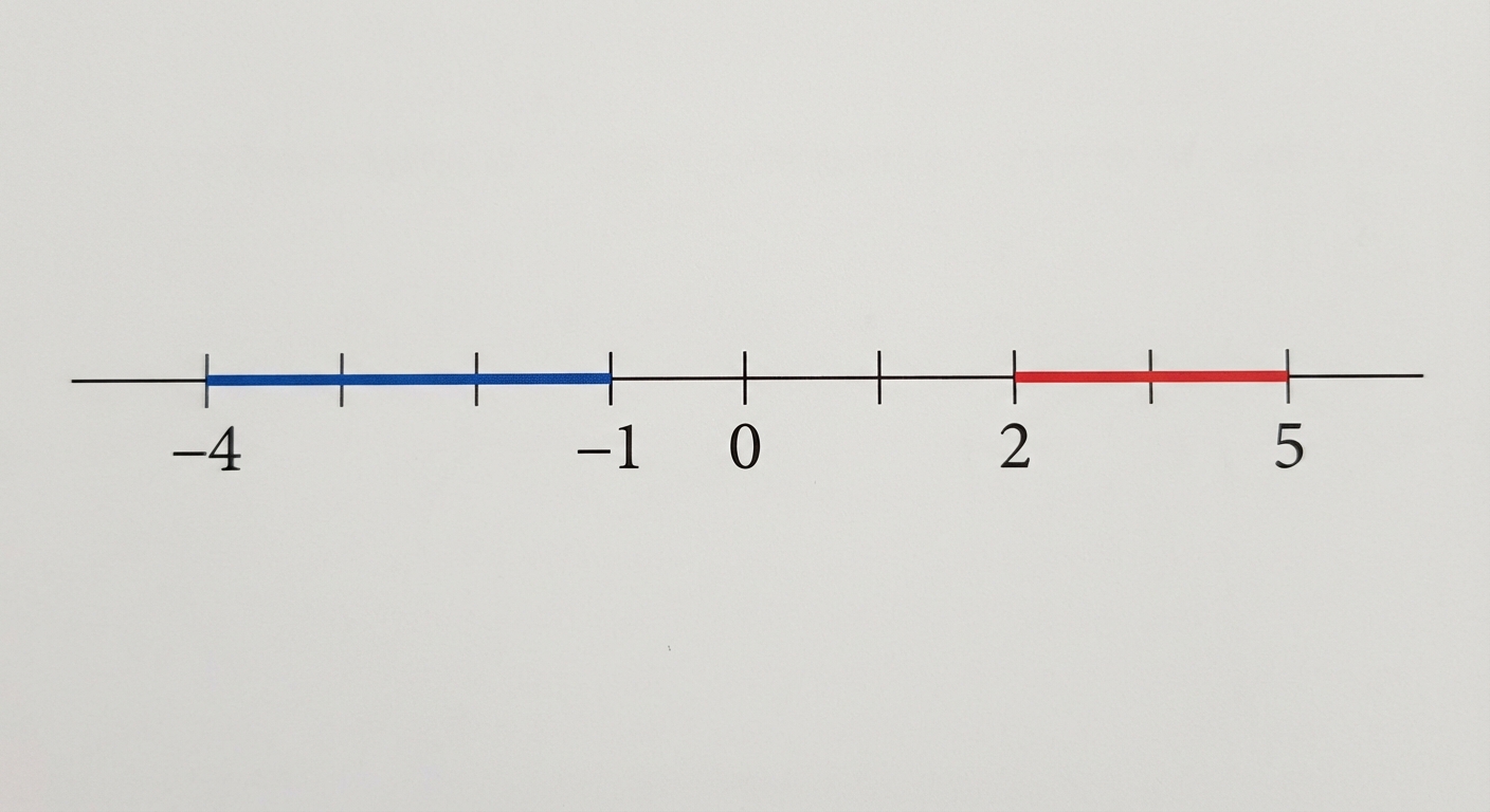 Schéma d'une droite graduée. Un segment bleu couvre l'intervalle [-4 ; -1]. Un espace vide sépare cet intervalle du suivant. Un segment rouge couvre l'intervalle [2 ; 5]. Rien ne relie les deux segments.