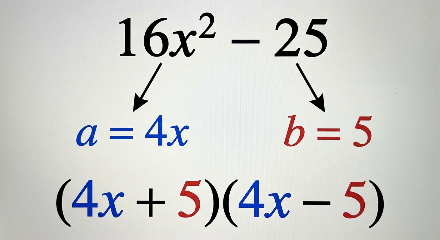 Image explicative sur fond blanc. Au centre en gros caractères noirs : '16x² - 25'. Deux flèches partent du dessous. La flèche sous '16x²' pointe vers 'a = 4x' en bleu. La flèche sous '25' pointe vers 'b = 5' en rouge. En dessous, l'équation finale '(4x + 5)(4x - 5)' avec les termes 4x en bleu et 5 en rouge.