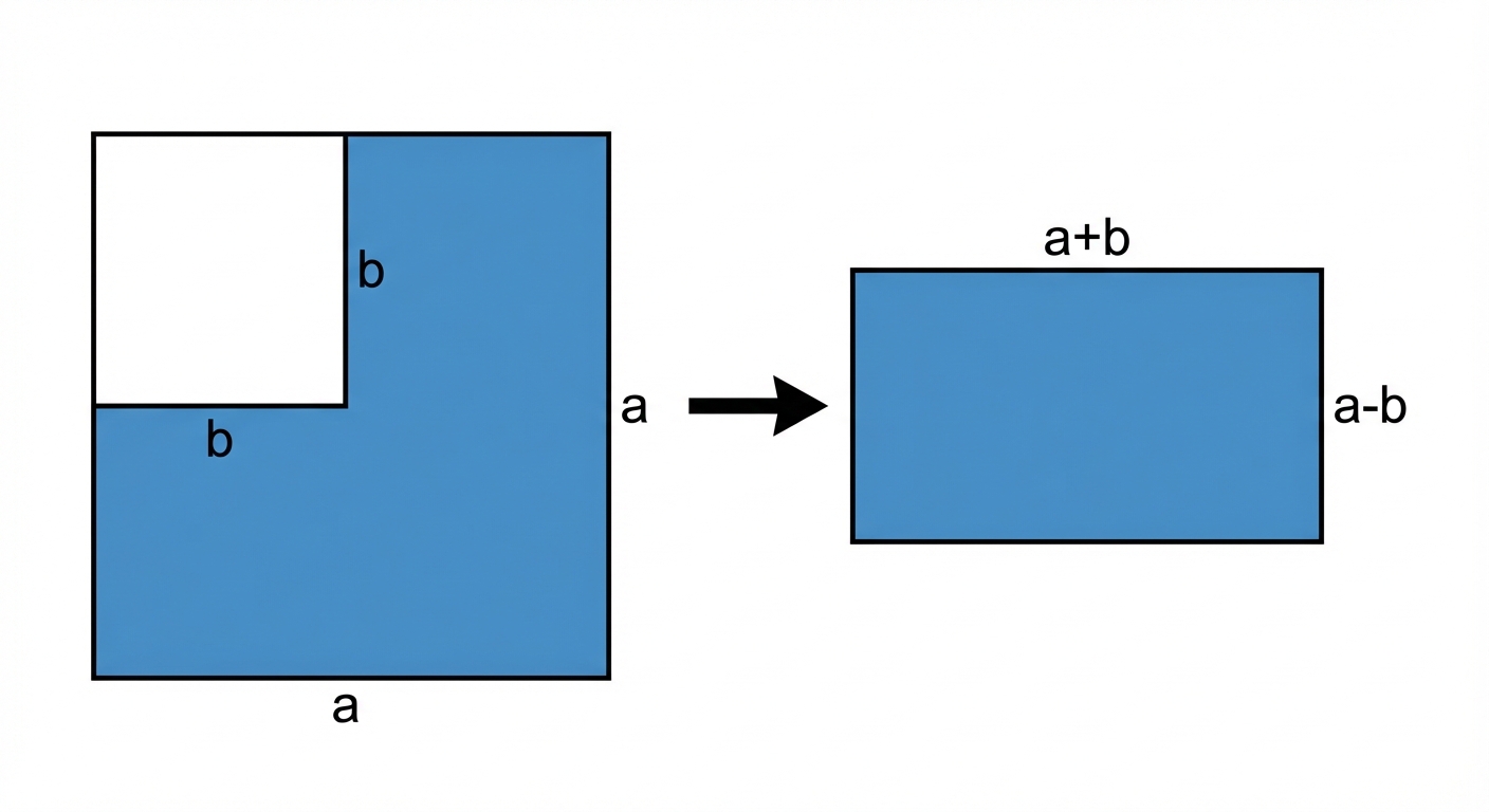 Schéma géométrique simple en 2D sur fond blanc. À gauche : un grand carré bleu de côté noté 'a'. À l'intérieur de ce grand carré, dans un coin, un petit carré blanc (vide) de côté noté 'b' est retiré. Une flèche pointe vers la droite montrant le résultat : un rectangle bleu dont la longueur est notée 'a+b' et la largeur 'a-b'.