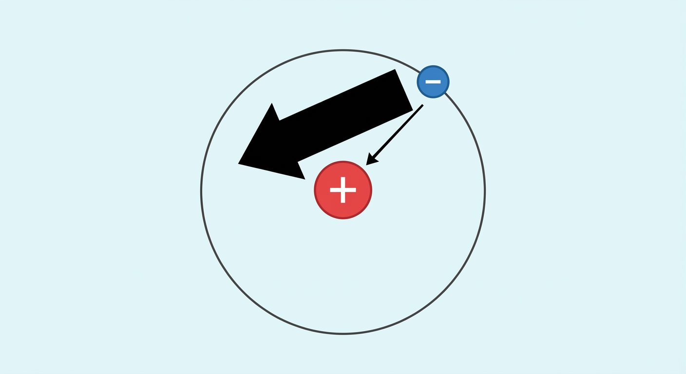 Illustration d'un atome simple (noyau positif, électron négatif). Une grosse flèche représente la forte attraction électrique qui maintient l'électron, comparée à une flèche minuscule (quasi invisible) pour la gravitation.
