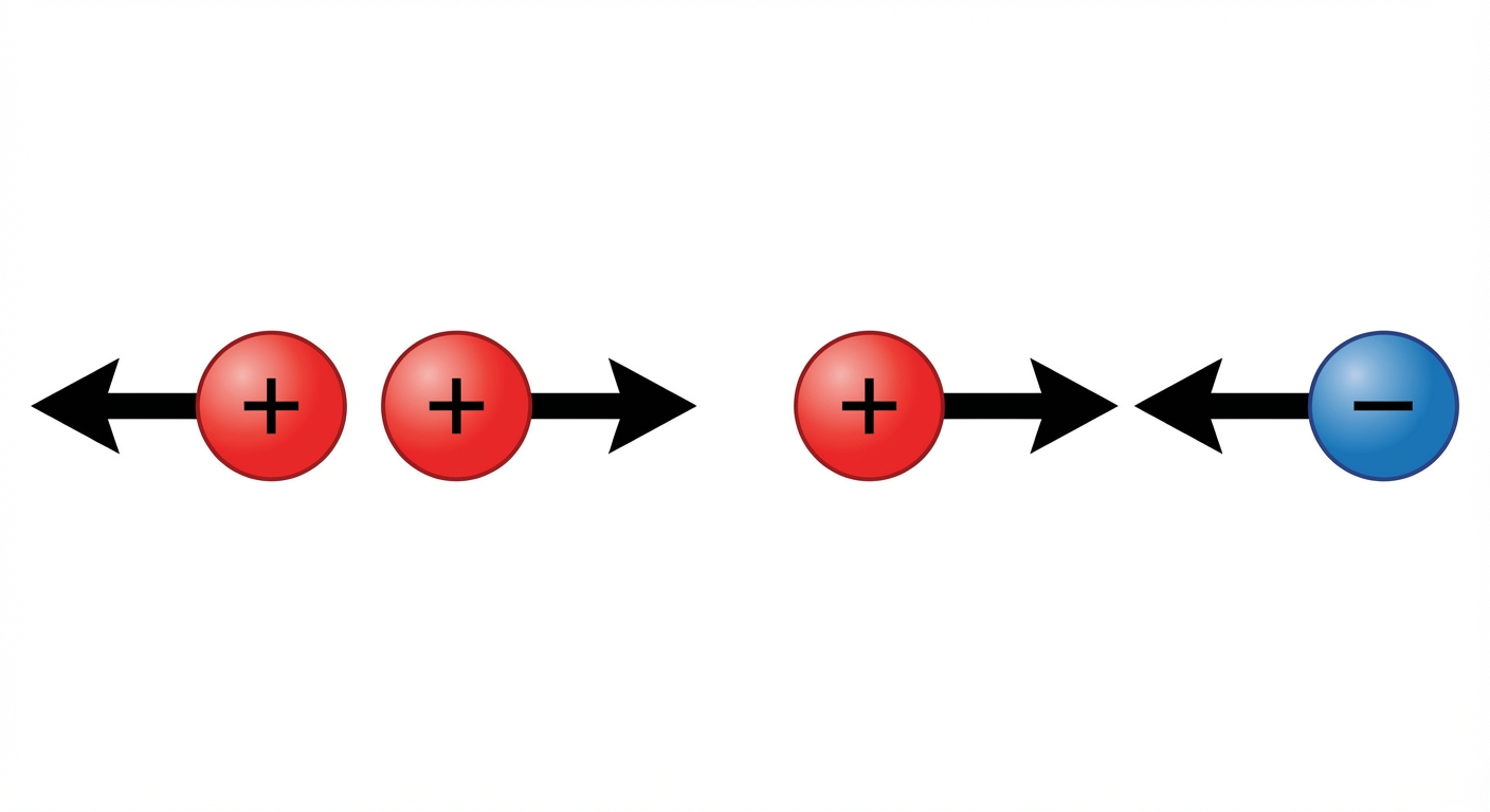 Schéma pédagogique sur fond blanc. À gauche (Répulsion) : deux sphères rouges marquées '+' avec des flèches forces s'éloignant l'une de l'autre. À droite (Attraction) : une sphère rouge '+' et une bleue '-' avec des flèches forces pointant l'une vers l'autre.