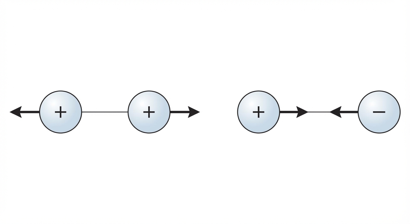 Schéma technique épuré. Cas 1 (charges ++, répulsion) : Vecteur F(A/B) part de B vers l'extérieur, Vecteur F(B/A) part de A vers l'extérieur. Cas 2 (charges +-, attraction) : Vecteur F(A/B) part de B vers A, Vecteur F(B/A) part de A vers B. Les vecteurs sont sur la ligne joignant les centres.