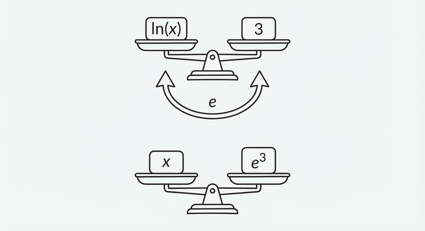 Dessin vectoriel simple style scolaire. Une balance à deux plateaux équilibrés. Sur le plateau de gauche, un bloc marqué 'ln(x)'. Sur le plateau de droite, un bloc marqué '3'. Une grosse flèche courbe part du bas et indique qu'on ajoute la base 'e' sous les plateaux. Résultat visuel en dessous : le plateau gauche devient 'x' et le plateau droit devient 'e^3'.