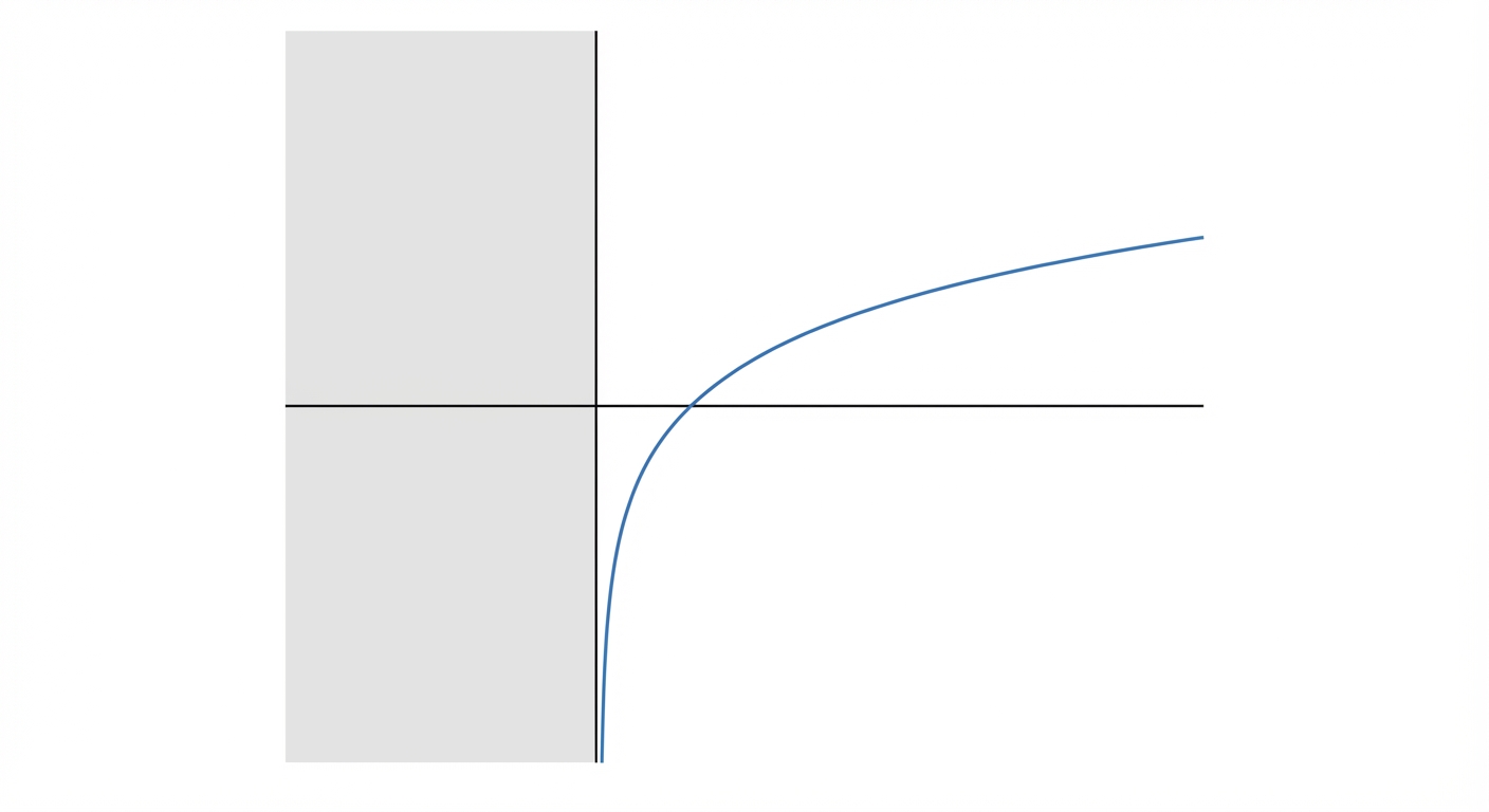 Graphique 2D simple sur fond blanc. Un repère orthonormé classique. Une courbe bleue représente la fonction ln(x). Elle commence très bas près de l'axe vertical (sans le toucher), passe exactement par le point (1, 0) sur l'axe horizontal, et continue de monter doucement vers la droite. La partie gauche du graphique (x négatif ou nul) est vide ou grisée pour montrer que la fonction n'y existe pas.