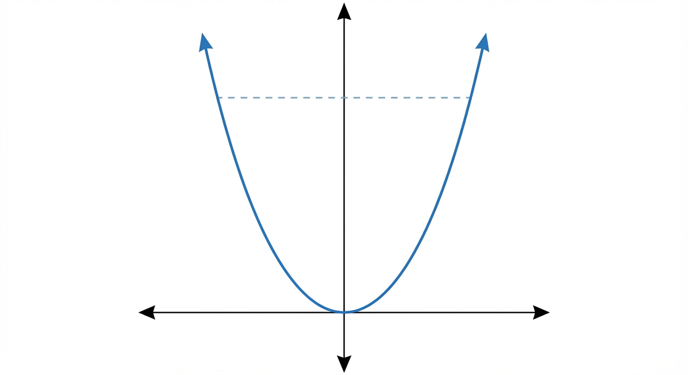 Schéma mathématique simple sur fond blanc. Un repère orthonormé avec une parabole bleue (fonction y = x²) qui passe par l'origine. La courbe descend depuis la gauche, touche (0,0) et remonte vers la droite. Une ligne pointillée horizontale relie le point (-2, 4) et le point (2, 4) pour montrer la symétrie.