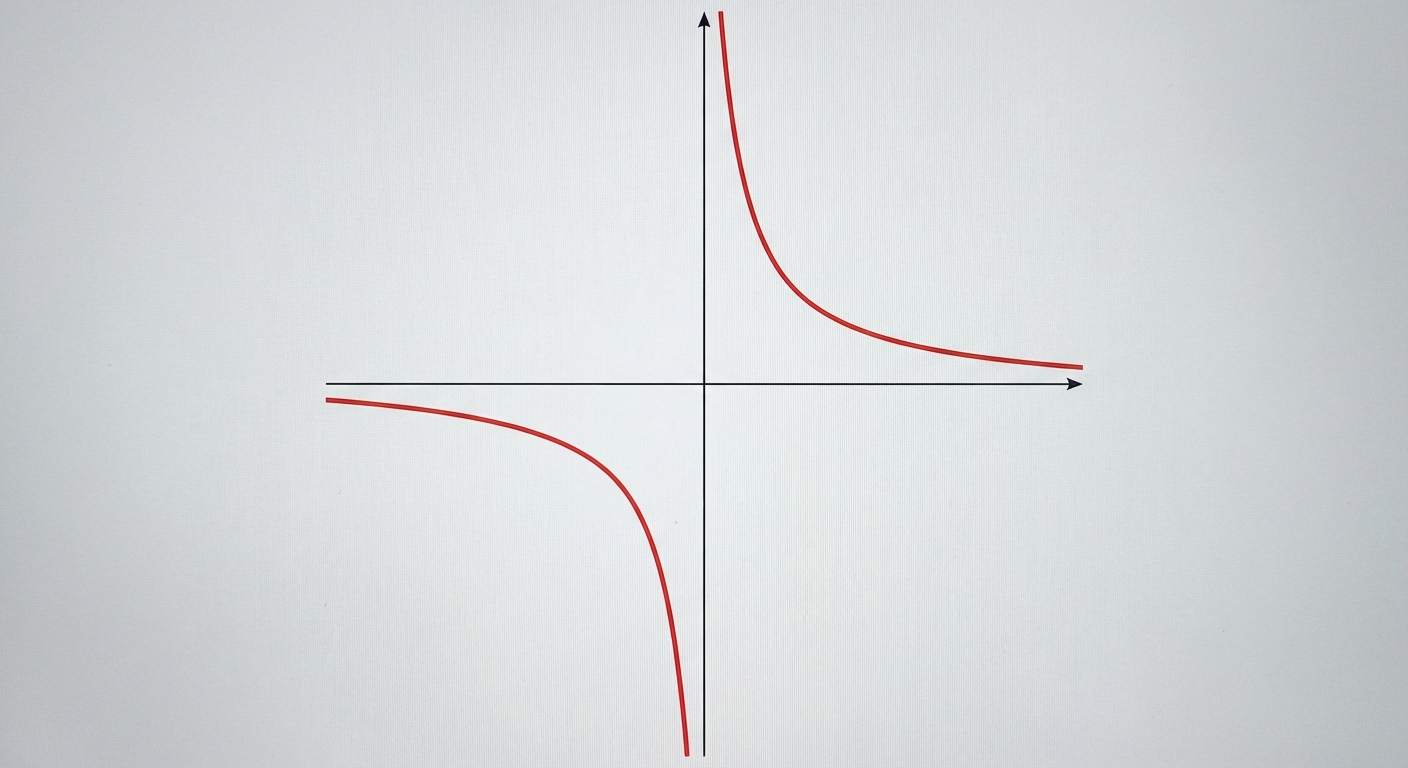 Schéma mathématique simple sur fond blanc. Un repère orthonormé avec une hyperbole rouge (fonction y = 1/x). Une branche est dans le quadrant en bas à gauche (nombres négatifs), l'autre dans le quadrant en haut à droite (nombres positifs). Les courbes longent les axes sans jamais les toucher.