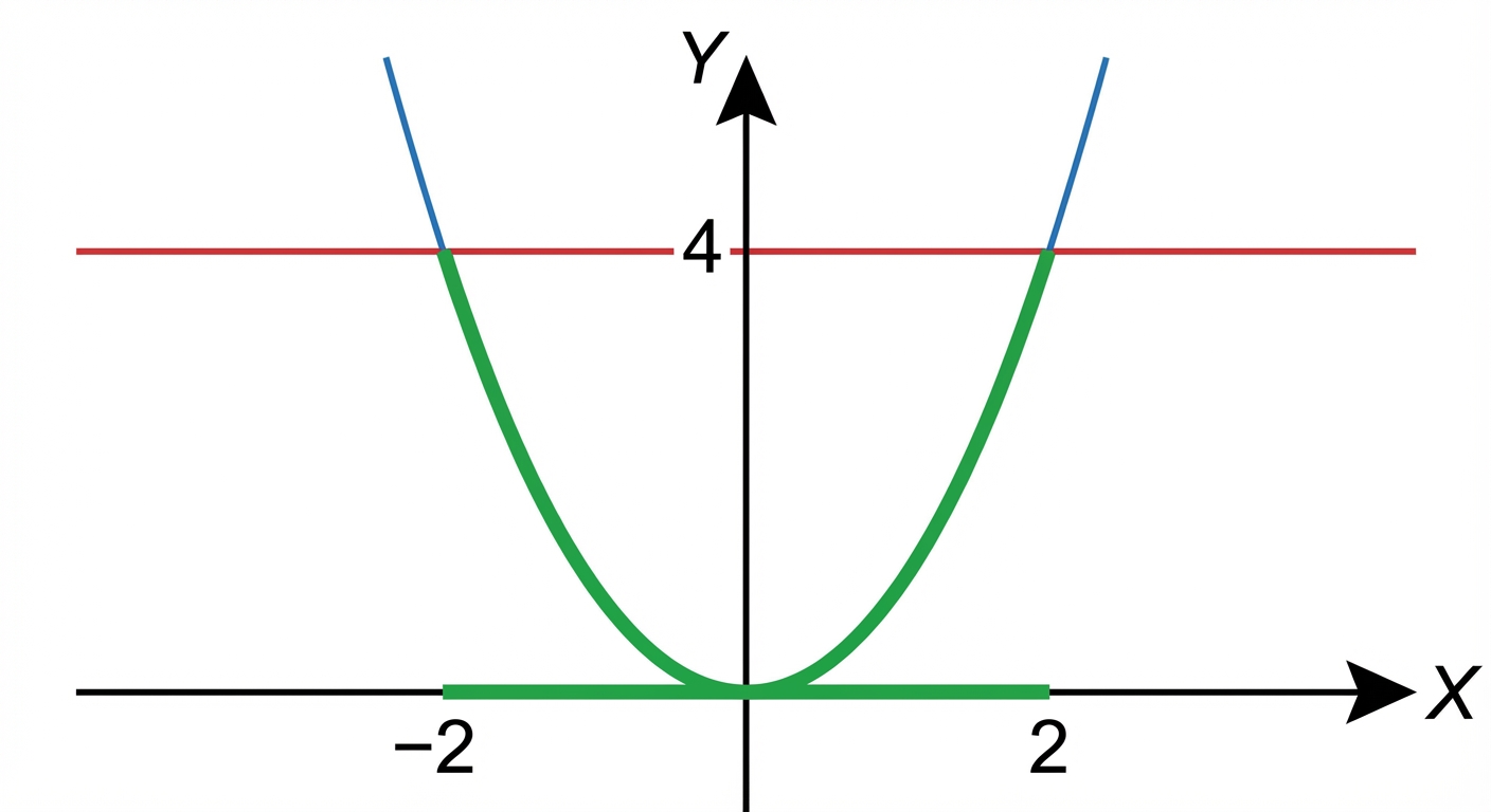 Schéma mathématique simple sur fond blanc. Une parabole bleue (y=x²). Une ligne horizontale rouge traverse le graphique à la hauteur y=4. La partie de la parabole située en dessous de la ligne rouge est surlignée en vert. Sur l'axe horizontal, la zone entre -2 et 2 est coloriée en vert.