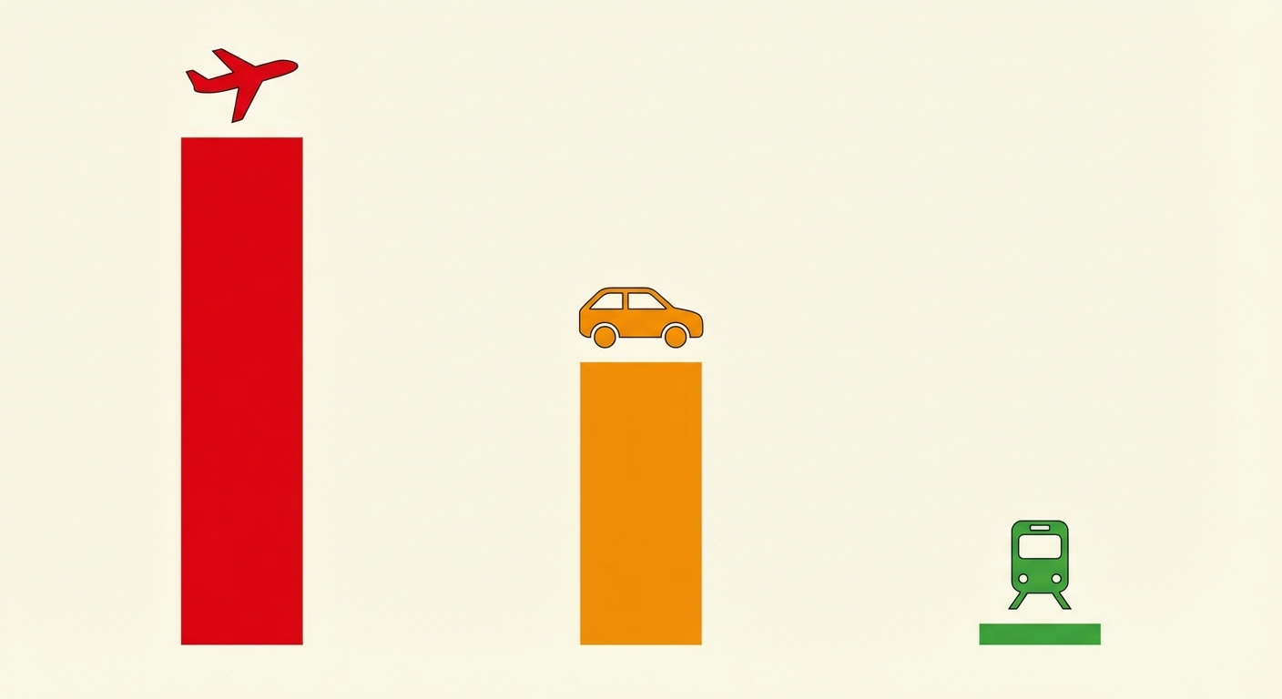 Dessin simple style infographie. Trois barres verticales représentent la pollution. La barre de l'avion est très haute (rouge), celle de la voiture est moyenne (orange), celle du train est toute petite (verte).