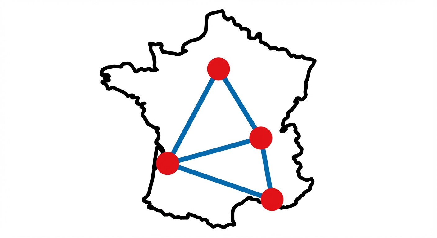 Carte de France stylisée et très simple sur fond blanc. Quatre gros points rouges sont placés approximativement à Paris, Lyon, Marseille et Bordeaux. Des lignes bleues épaisses relient ces points entre eux pour former une toile.