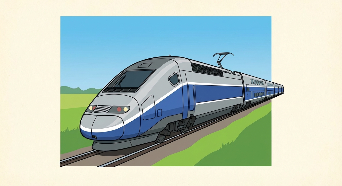 Dessin réaliste d'un train TGV gris et bleu roulant sur des rails au milieu d'un paysage de campagne verte. Le train est vu de trois-quarts avant. Le ciel est bleu.