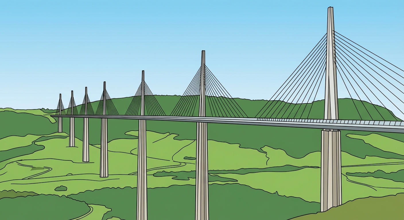 Illustration du viaduc de Millau avec ses grands piliers et ses haubans, traversant une vallée verte sous un ciel bleu.
