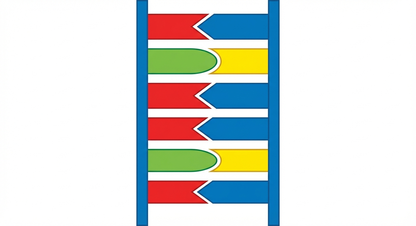 Schéma 2D à plat. Deux brins verticaux parallèles. Au centre, des formes géométriques s'emboîtent : une forme rouge (A) s'emboîte uniquement avec une forme bleue (T). Une forme verte (C) s'emboîte uniquement avec une forme jaune (G). Fond blanc.