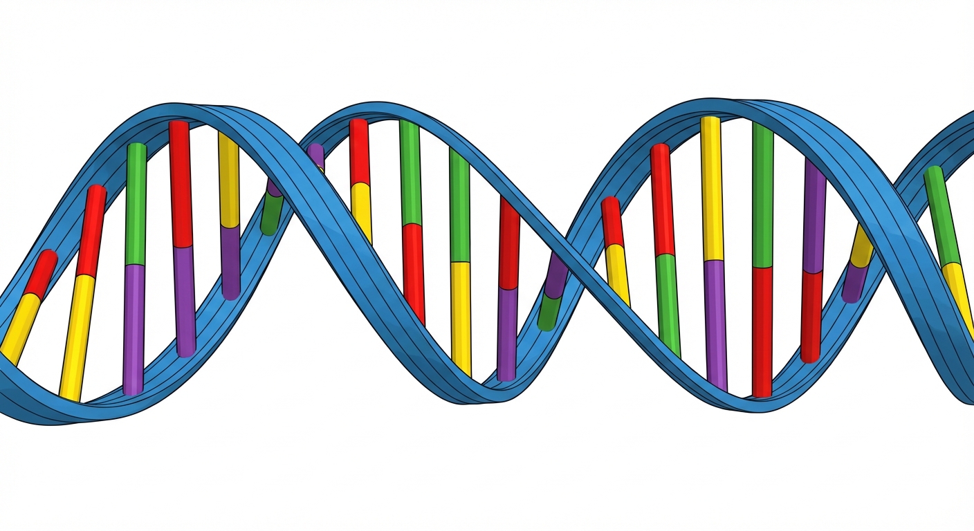 Schéma 3D simple d'une double hélice d'ADN sur fond blanc. Les deux brins extérieurs sont bleus et forment une spirale. Les barreaux à l'intérieur sont de quatre couleurs différentes (rouge, vert, jaune, violet).