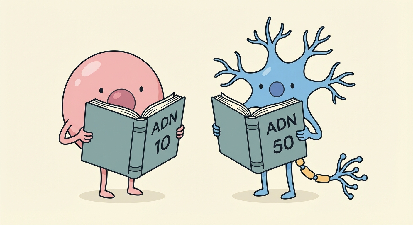 Dessin conceptuel : deux cellules côte à côte. À gauche, une cellule ronde 'de peau' tient un grand livre ouvert à la page 10. À droite, une cellule étoilée 'neurone' tient le même livre ouvert à la page 50. Le livre est titré 'ADN'.