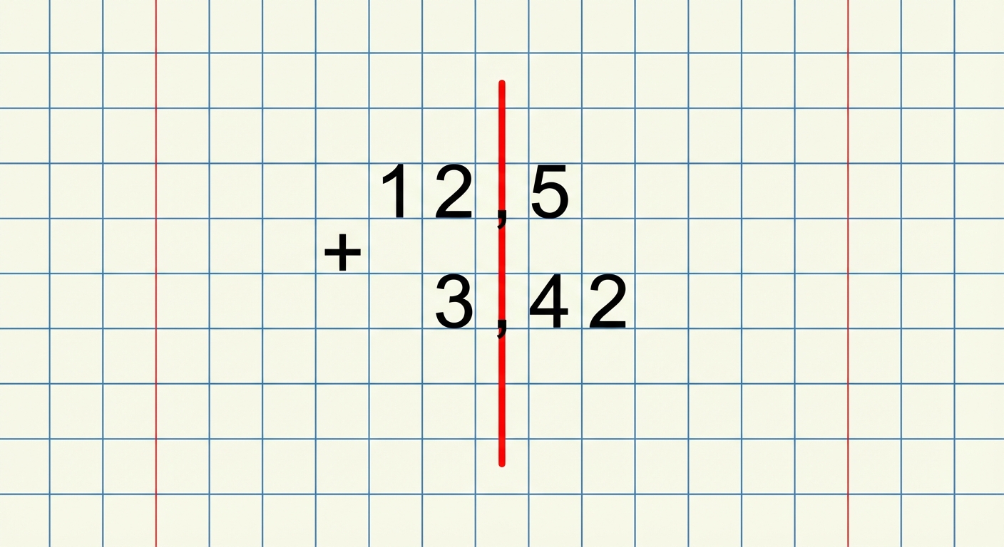 Gros plan sur une feuille à carreaux d'écolier. L'opération 12,5 + 3,42 est posée en colonne. Le 3 est sous le 2. La virgule du 3,42 est exactement sous la virgule du 12,5. Un trait rouge vertical traverse les deux virgules pour montrer l'alignement.