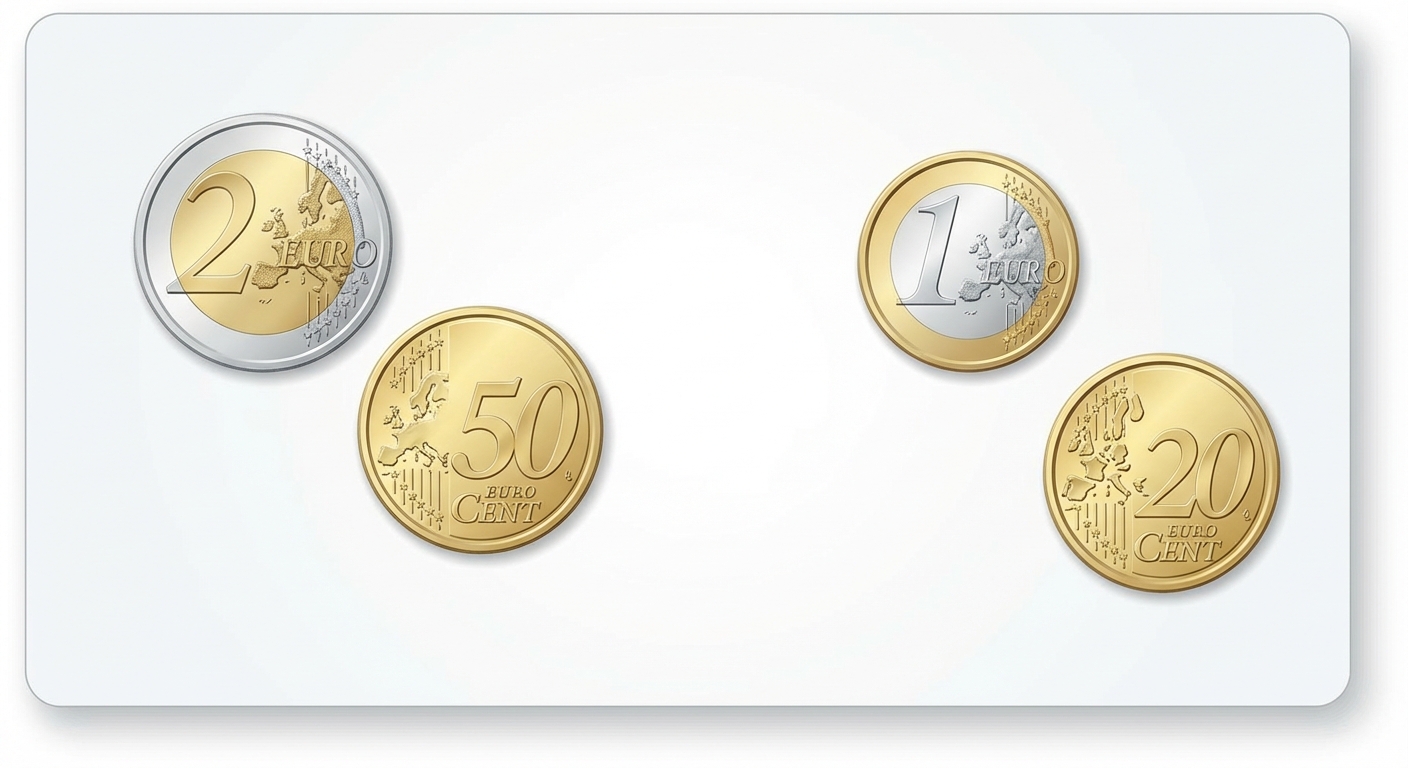 Vue de dessus sur une table blanche. À gauche, une pièce de 2 euros et une pièce de 50 centimes. À droite, une pièce de 1 euro et une pièce de 20 centimes. Les pièces sont bien éclairées et réalistes.