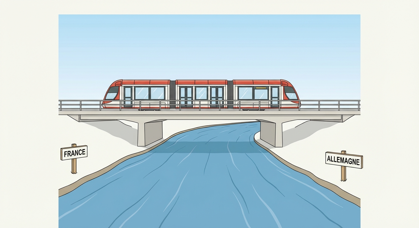 Dessin d'un tramway moderne rouge et blanc traversant un pont au-dessus d'un grand fleuve bleu. Sur la rive gauche, un petit panneau indique France, sur la rive droite, un petit panneau indique Allemagne. Ciel clair, style épuré.