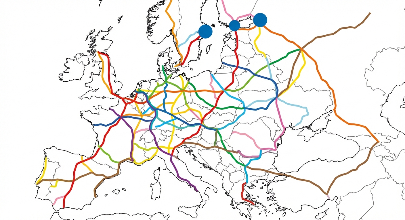 Carte schématique simplifiée de l'Europe sur fond blanc. Les frontières des pays sont de fins traits gris. Neuf lignes épaisses et de couleurs différentes traversent la carte du nord au sud et d'est en ouest. Trois gros cercles bleus sont placés au nord pour représenter les ports maritimes principaux.