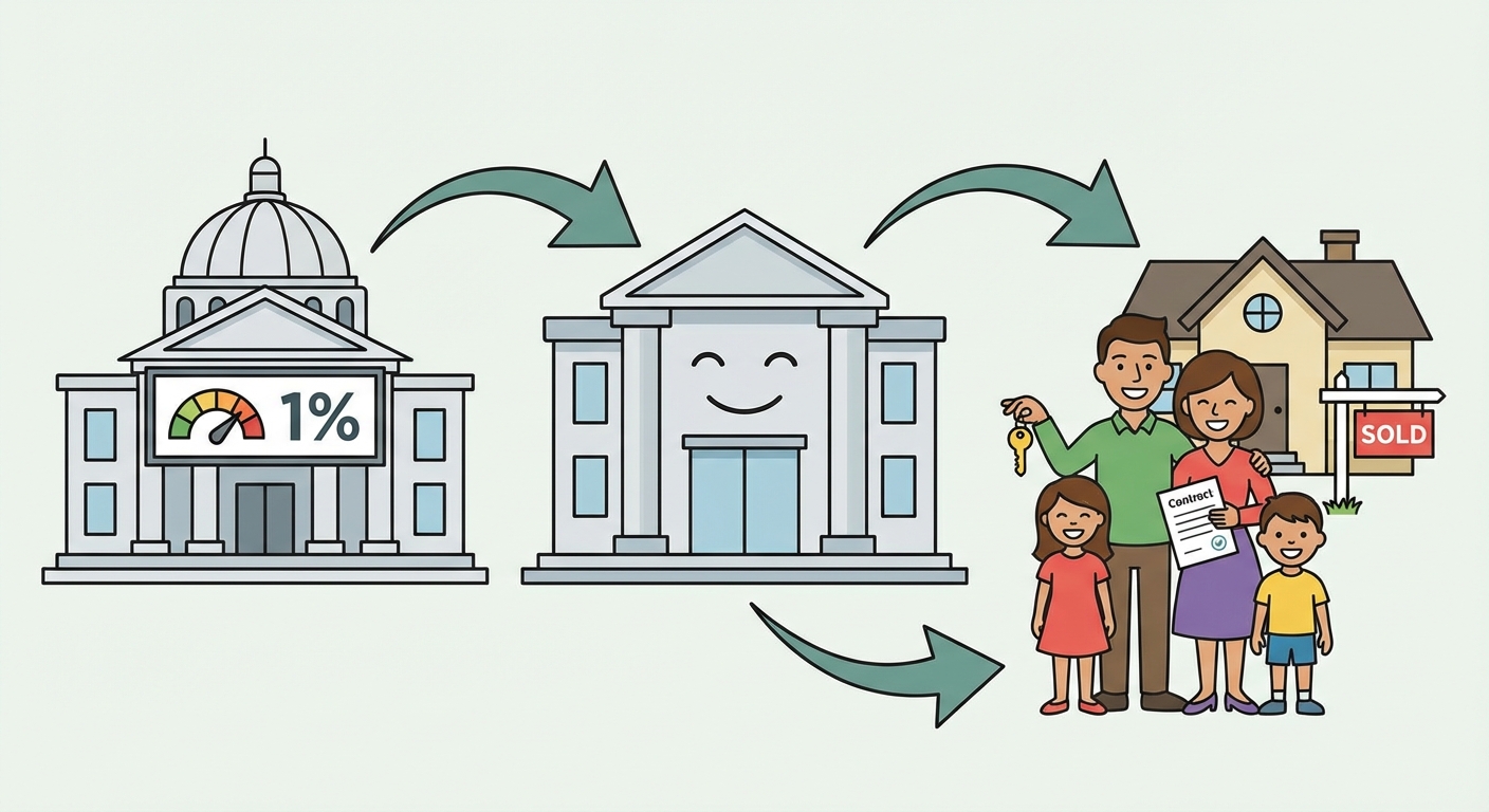 Dessin vectoriel épuré de gauche à droite. À gauche, la Banque Centrale affiche un taux bas (1%). Une flèche va vers une banque commerciale qui sourit. Une flèche continue vers une famille qui obtient un crédit immobilier facilement. Le tout symbolise la fluidité du crédit.