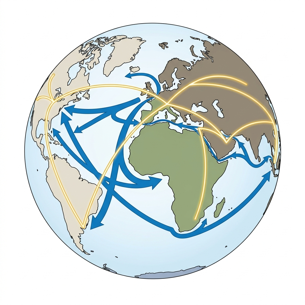 Illustration pédagogique pour un cours de geographie, niveau Terminale. Style : manuel scolaire, traits nets, fond clair de préférence. N'AJOUTE PAS de texte, de chiffres, de lettres ou de symboles dans l'image (aucune légende, aucune opération, aucun titre), à part si on te le demande clairement. N'ajoute pas d'objets, de personnages ou de décor qui ne sont pas mentionnés. Si un nombre d'objets est indiqué, dessine EXACTEMENT ce nombre (pas plus, pas moins). Tu dois représenter STRICTEMENT la scène suivante, en respectant les quantités et la disposition décrites (n'ajoute rien, n'enlève rien) : Un globe terrestre stylisé sur fond blanc montrant deux types de flux : de grandes flèches bleues représentant les routes maritimes entre continents et des lignes dorées lumineuses reliant les continents pour représenter les réseaux de télécommunication.