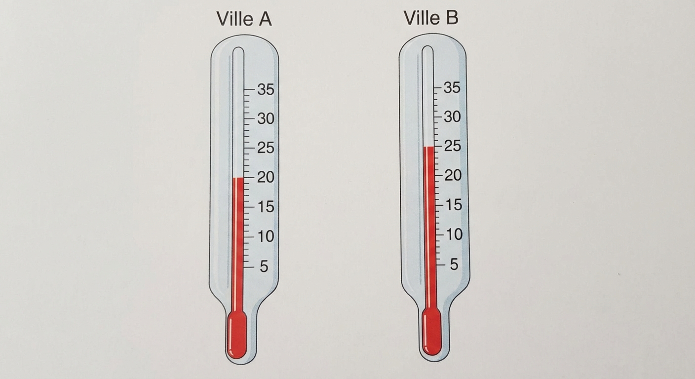 Dessin de deux thermomètres côte à côte. Le premier est marqué 'Ville A' et indique 20 degrés. Le deuxième est marqué 'Ville B' et indique 25 degrés. Style épuré.