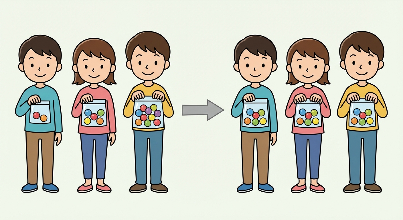 Illustration en 2 étapes. À gauche : trois personnages, le premier tient un sac avec 2 bonbons, le deuxième un sac avec 5 bonbons, le troisième un sac avec 8 bonbons. Une flèche mène vers la droite. À droite : les trois mêmes personnages tiennent chacun un sac contenant exactement 5 bonbons.