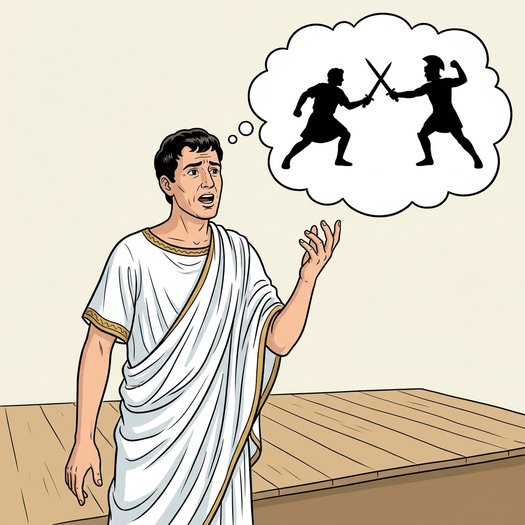 Illustration style théâtre. Au premier plan, un acteur en toge parle en levant la main avec émotion. En arrière-plan, dans une bulle de pensée au-dessus de sa tête, on voit deux silhouettes noires qui se battent à l'épée.