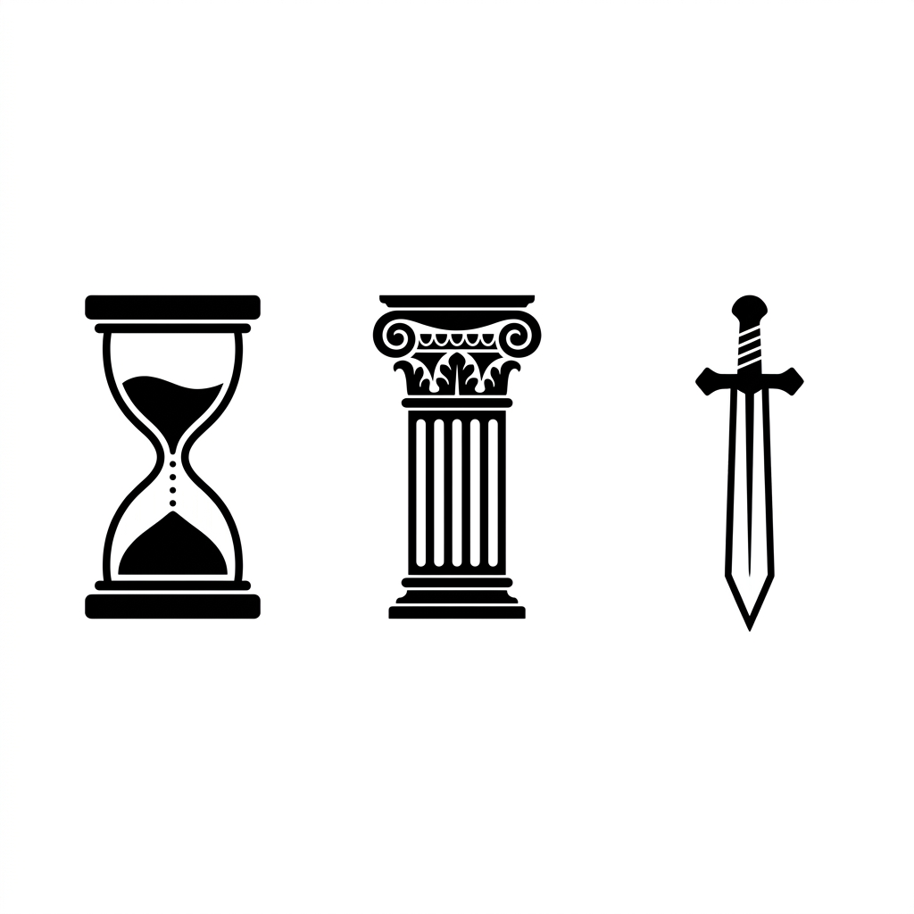 Schéma simple sur fond blanc. Trois icônes noires alignées horizontalement. À gauche : un sablier (pour le temps). Au milieu : une colonne grecque antique (pour le lieu). À droite : une épée unique pointant vers le bas (pour l'action).