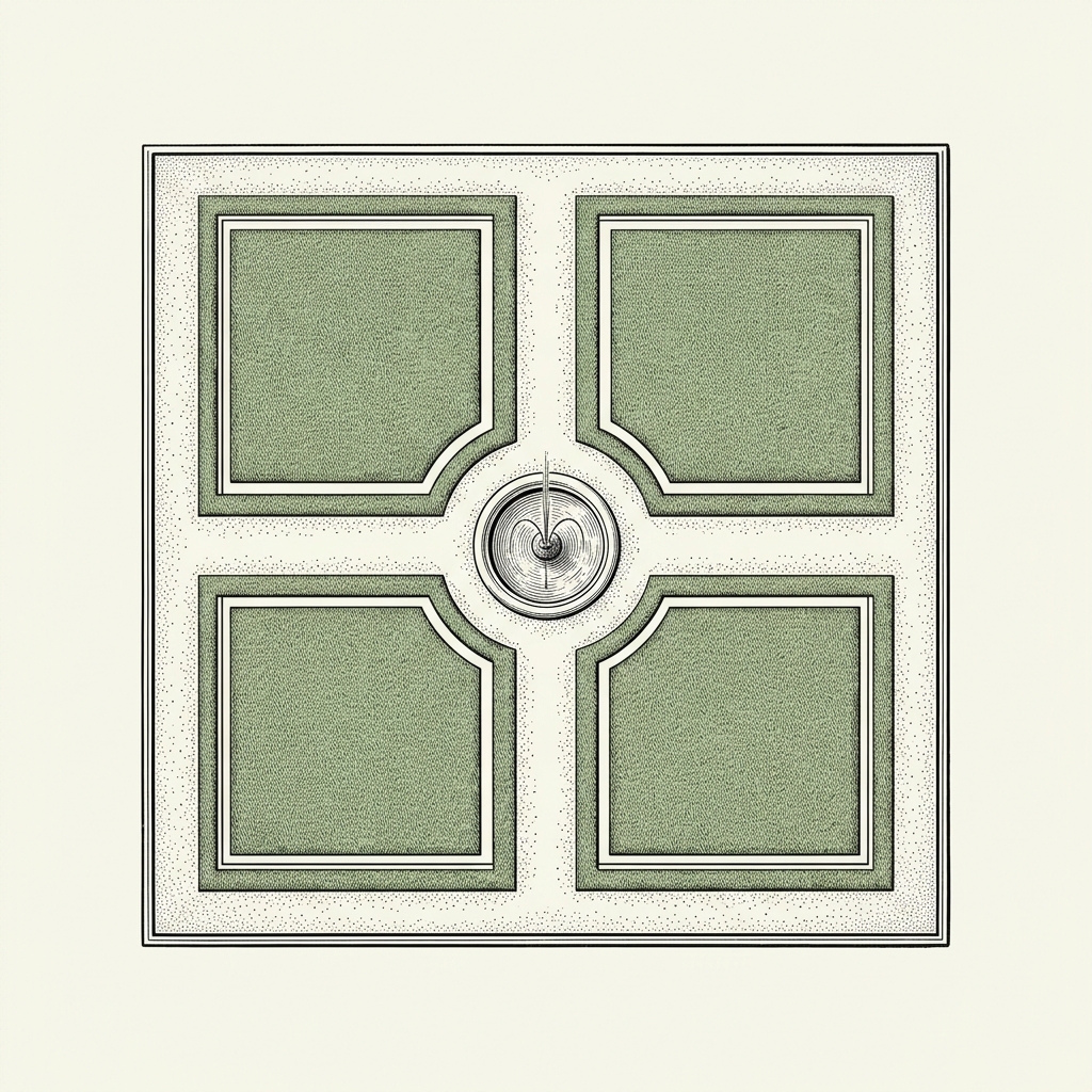 Dessin simple style gravure : un jardin à la française vue de haut, avec 4 carrés de pelouse parfaitement symétriques, des allées droites et une fontaine centrale ronde. Aucune végétation sauvage.
