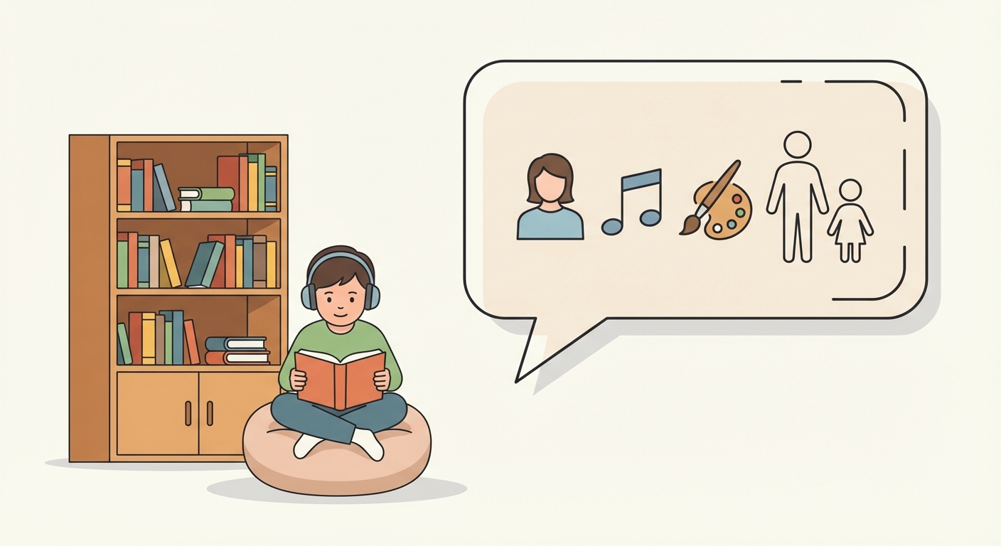 Illustration style dessin vectoriel simple. À gauche, une étagère remplie de livres colorés et un enfant qui lit assis sur un pouf. À droite, une bulle de dialogue montrant une discussion entre un parent et un enfant avec des symboles de musique et de peinture.