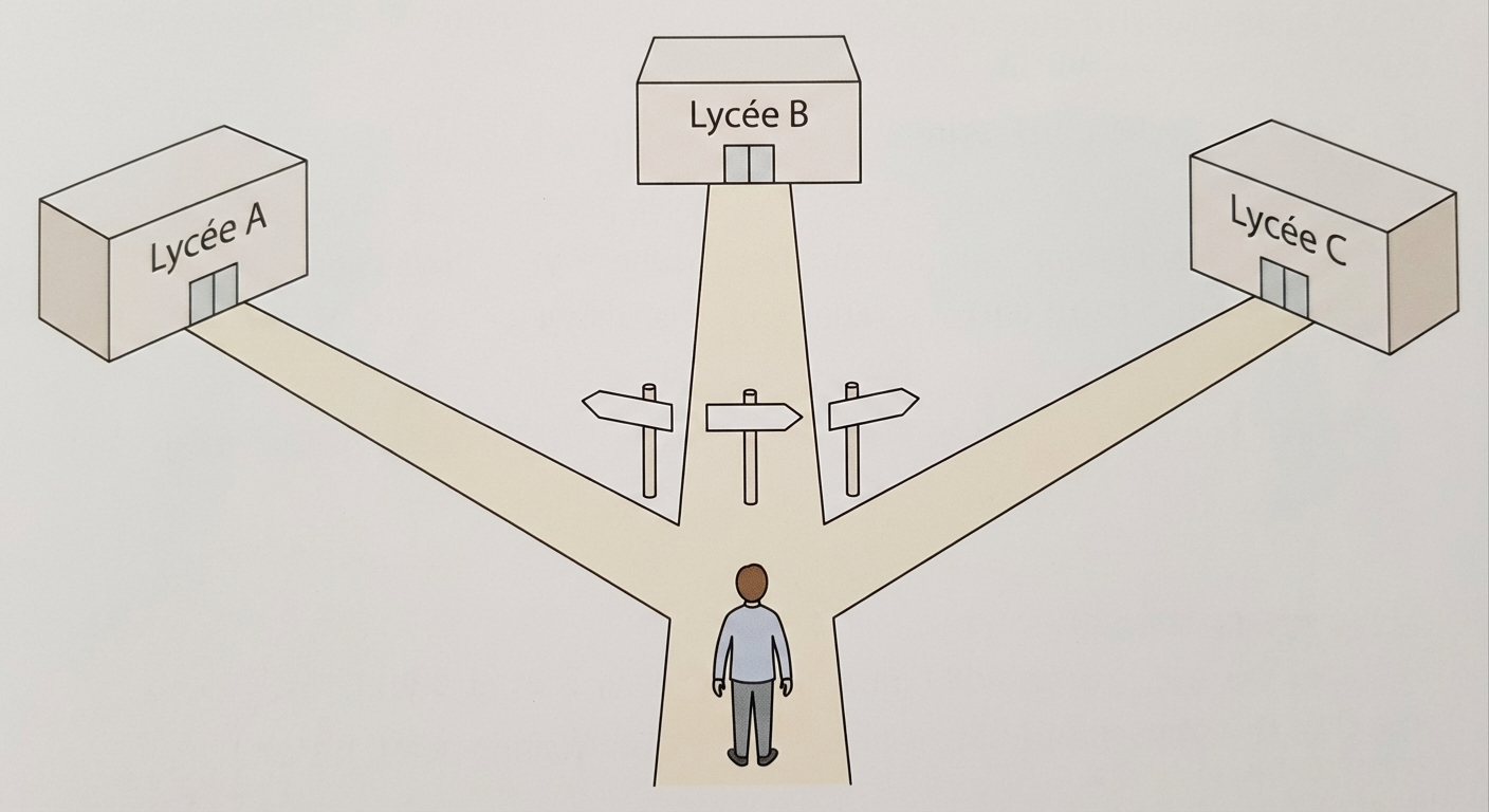 Schéma simplifié vue de dessus. Un personnage stylisé se tient devant trois chemins qui partent dans des directions différentes. Le chemin de gauche mène à un bâtiment marqué 'Lycée A', le chemin du centre vers 'Lycée B' et celui de droite vers 'Lycée C'. Des panneaux indicateurs simples marquent les intersections.
