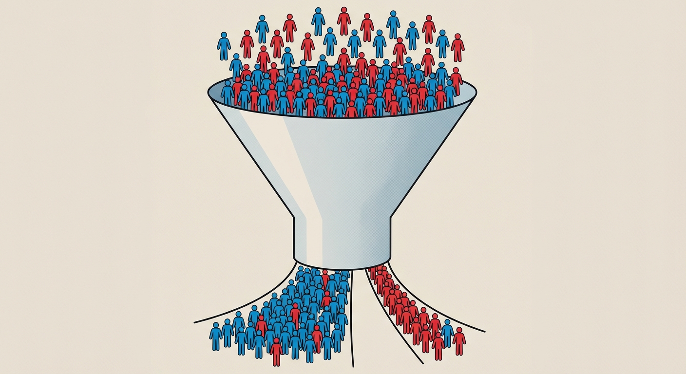 Schéma simple en forme de grand entonnoir inversé. En haut, une foule de petits bonshommes bleus et rouges mélangés entre. En bas, deux sorties distinctes : une sortie large vers 'Filières courtes' avec beaucoup de bonshommes bleus, et une sortie étroite vers 'Filières élitistes' avec majoritairement des bonshommes rouges.