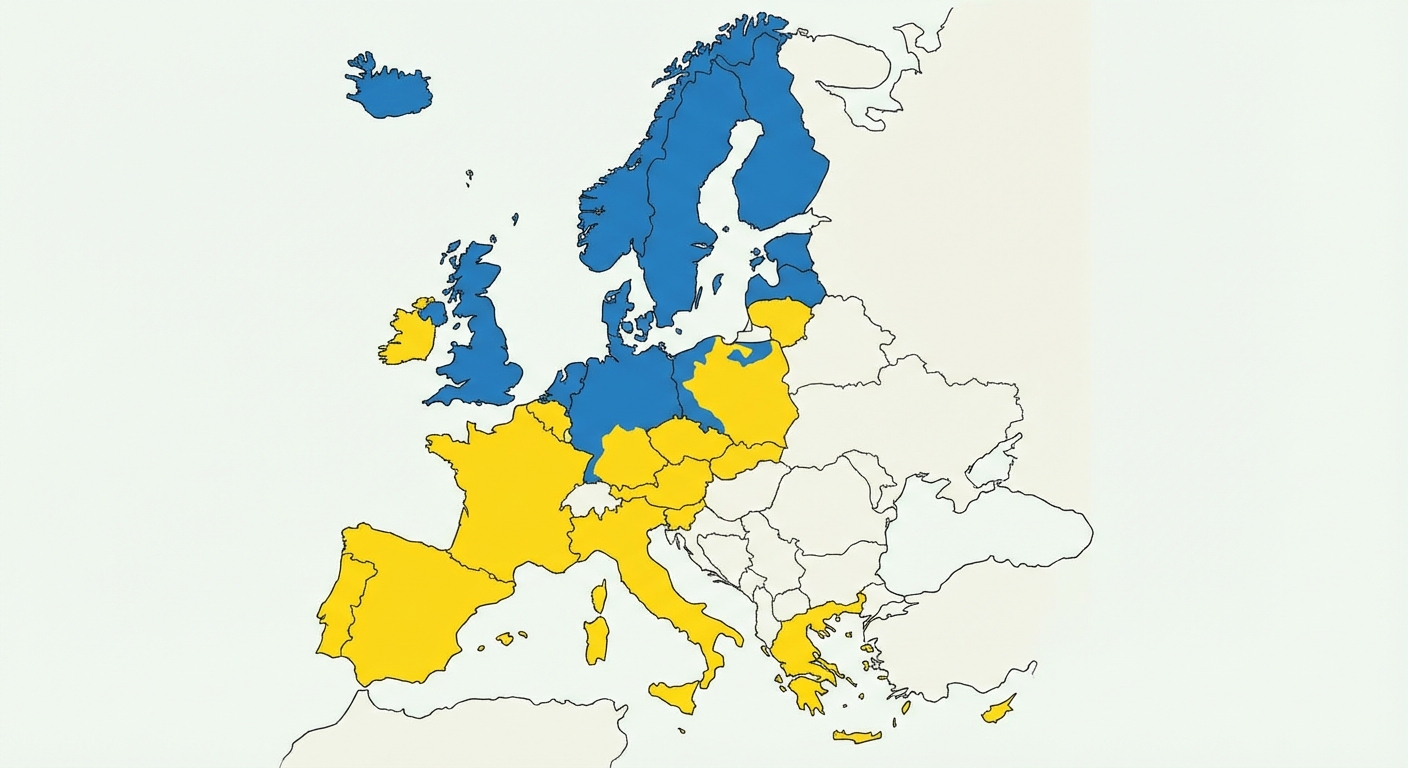 Carte schématique de l'Europe. Les pays du Nord (Angleterre, nord de l'Allemagne, Scandinavie) sont coloriés en bleu pour représenter le protestantisme. Les pays du Sud (Espagne, Italie, France majoritairement) restent en jaune pour représenter le catholicisme.