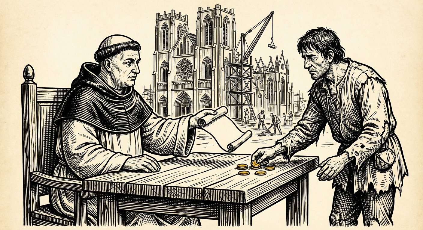 Dessin style gravure ancienne. Au premier plan, un moine richement habillé est assis derrière une table en bois et tend un parchemin à un paysan pauvre. Le paysan dépose des pièces d'or sur la table. À l'arrière-plan, on devine une église en construction.