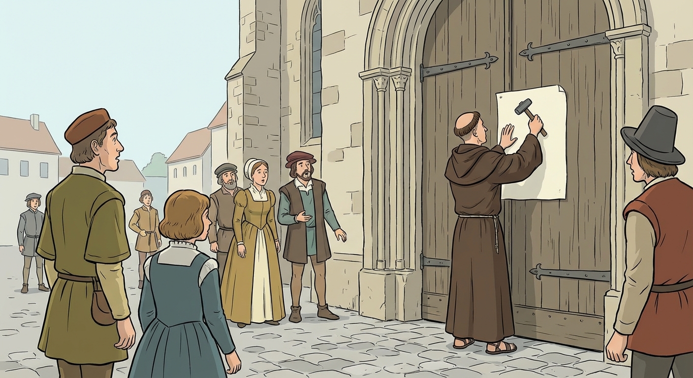 Plan large d'un moine, Martin Luther, vu de dos, en train de clouer une grande feuille de papier sur une immense porte en bois d'une église. Il tient un marteau dans la main droite. Quelques passants en habits du XVIe siècle le regardent avec curiosité.