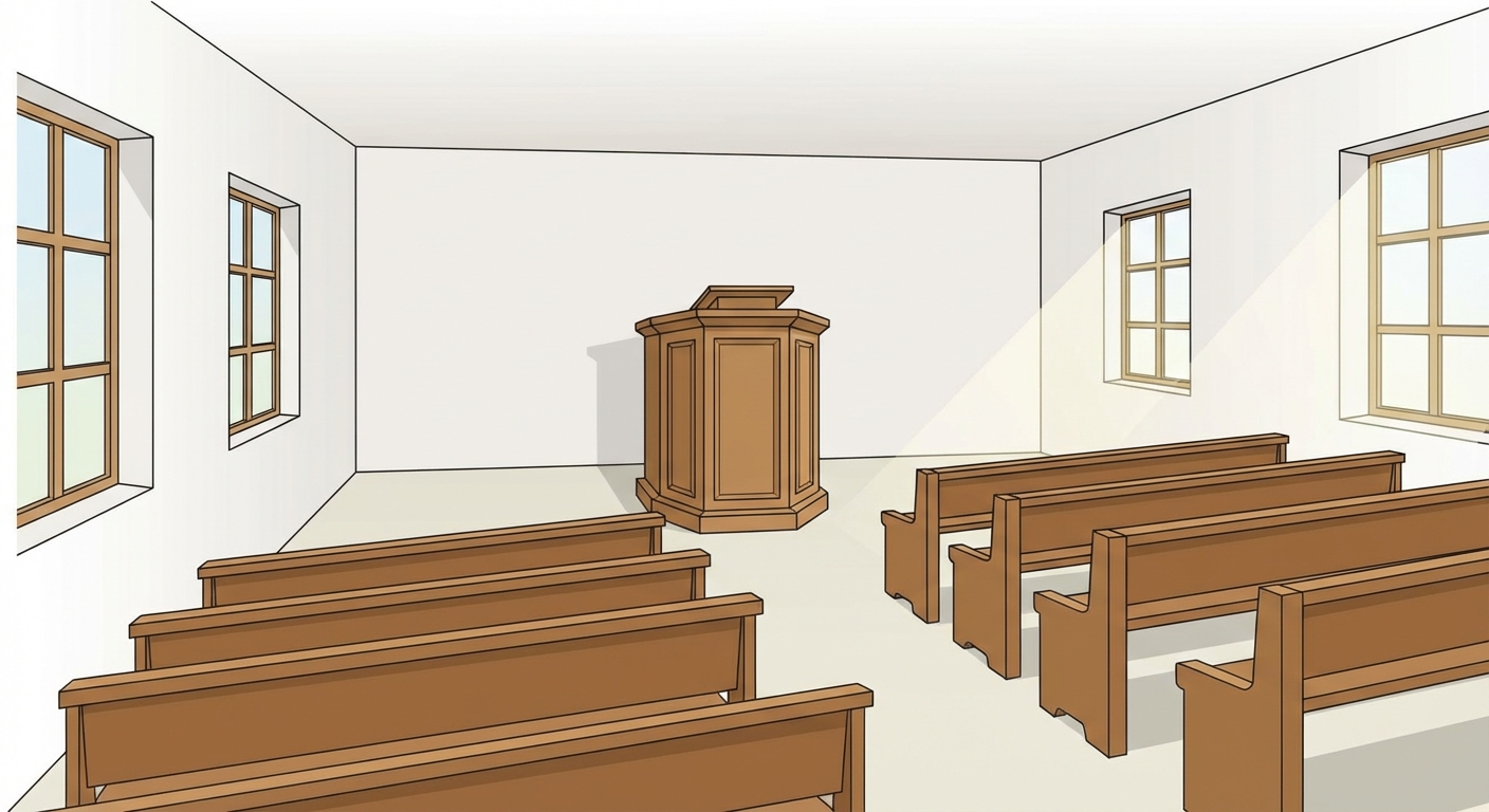 Intérieur d'un bâtiment simple avec des murs blancs nus, sans statues ni tableaux. Au centre, une chaire en bois (pupitre surélevé) pour la lecture. Des bancs en bois sont alignés face à la chaire. La lumière entre par des fenêtres simples.