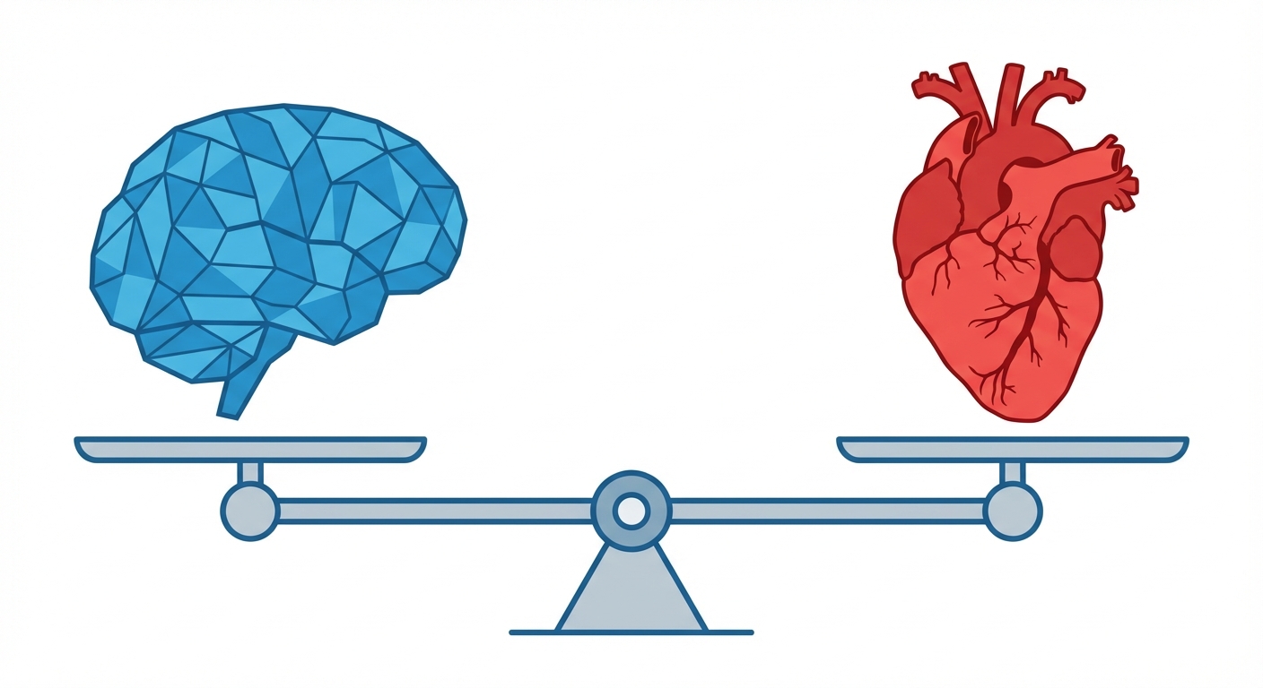 Illustration vectorielle simple sur fond blanc. À gauche, un cerveau humain stylisé bleu géométrique représentant la logique. À droite, un cœur rouge anatomique stylisé représentant l'émotion. Une balance en équilibre au centre porte le cerveau sur un plateau et le cœur sur l'autre.