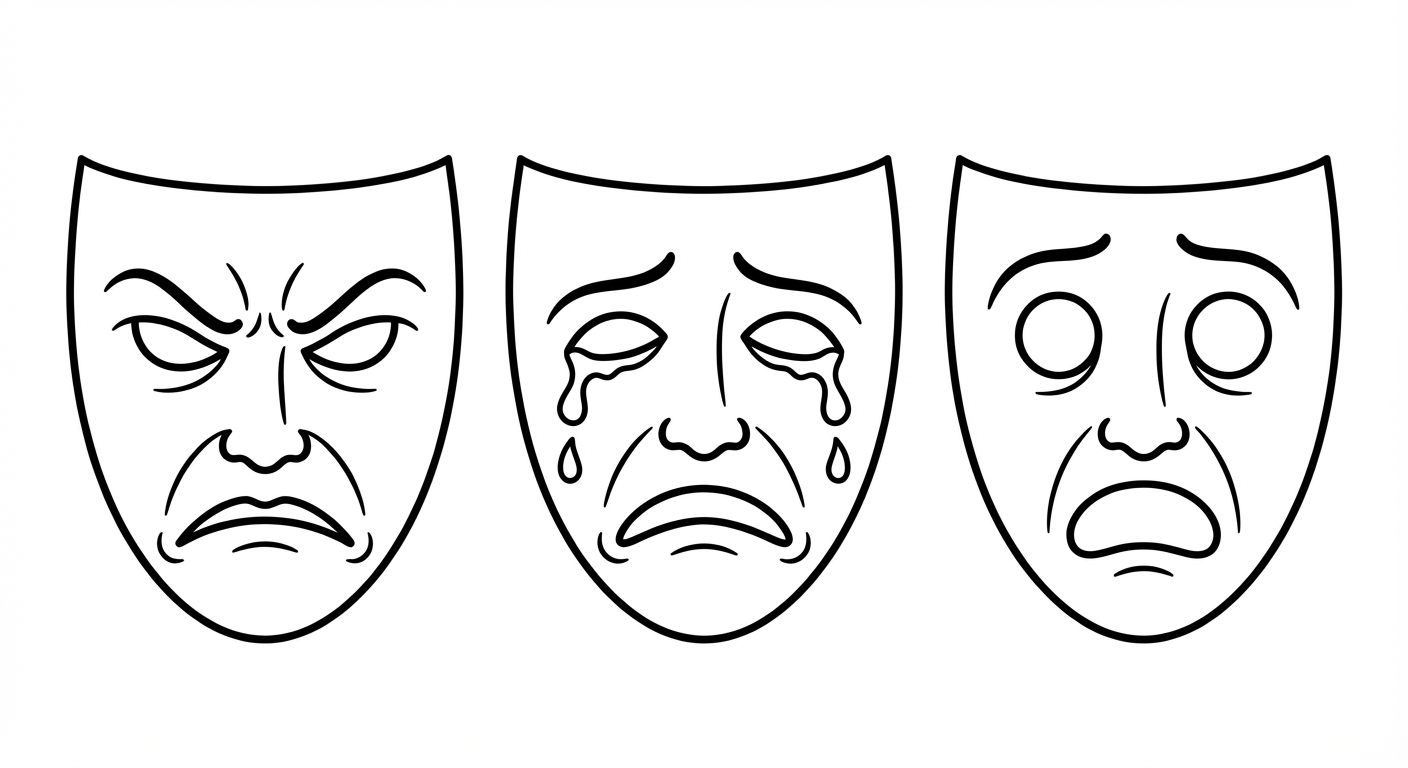 Dessin au trait noir sur fond blanc. Trois masques de théâtre alignés horizontalement. Le masque de gauche exprime la colère (sourcils froncés), celui du milieu la tristesse (larmes), celui de droite la peur (bouche ouverte, yeux écarquillés).
