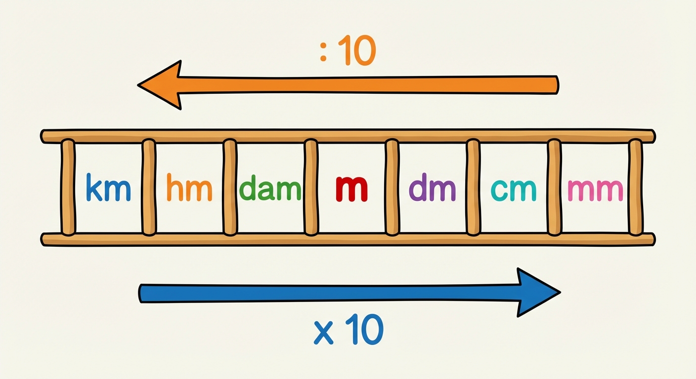 Schéma simple et coloré montrant une échelle horizontale avec 7 barreaux. De gauche à droite : km, hm, dam, m (au centre et en gras), dm, cm, mm. Une flèche vers la droite indique 'x 10', une flèche vers la gauche indique ': 10'.