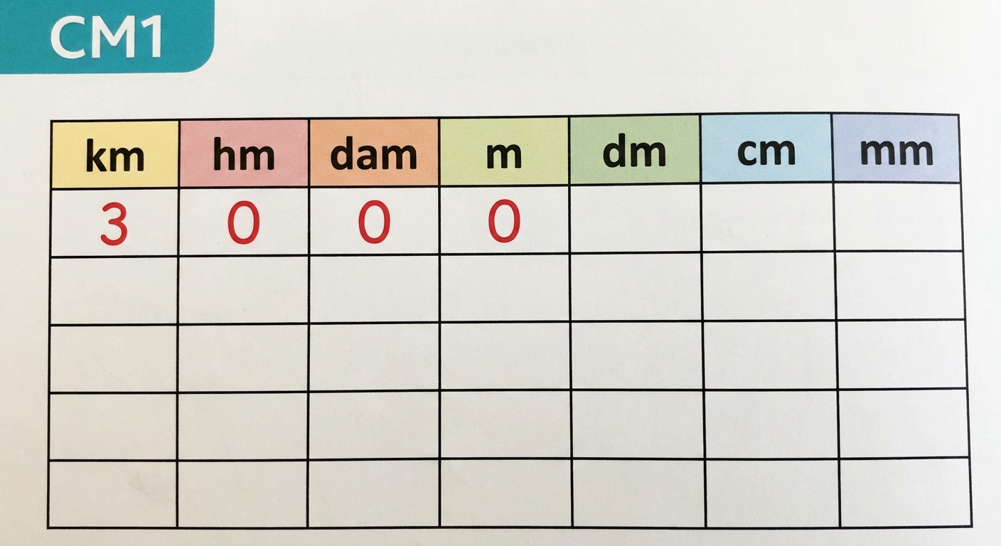Tableau de conversion (km à mm). Sur la première ligne, le chiffre 3 est sous km, un 0 sous hm, un 0 sous dam, un 0 sous m. Le tout forme le nombre 3000 en rouge.
