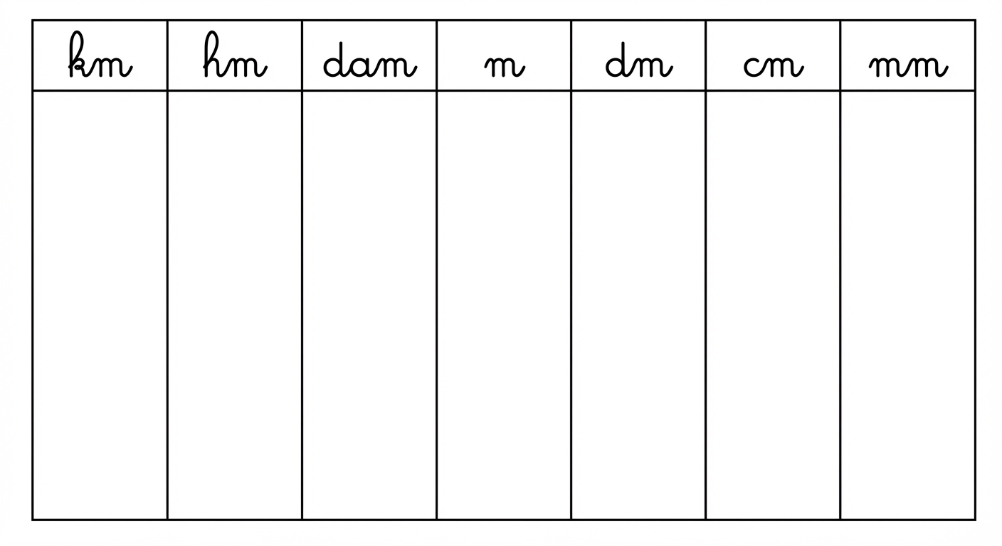 Tableau vide avec exactement 7 colonnes verticales. Les en-têtes sont, de gauche à droite : km, hm, dam, m, dm, cm, mm. Lignes tracées en noir sur fond blanc, écriture scripte scolaire.