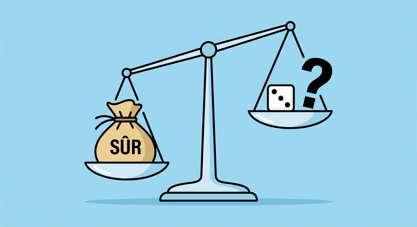 Illustration vectorielle simple style icône. Une balance à deux plateaux. Sur le plateau de gauche, un sac d'argent marqué 'SÛR'. Sur le plateau de droite, un dé à jouer et un point d'interrogation. Le plateau 'SÛR' est plus bas, montrant qu'il pèse plus lourd dans la décision.