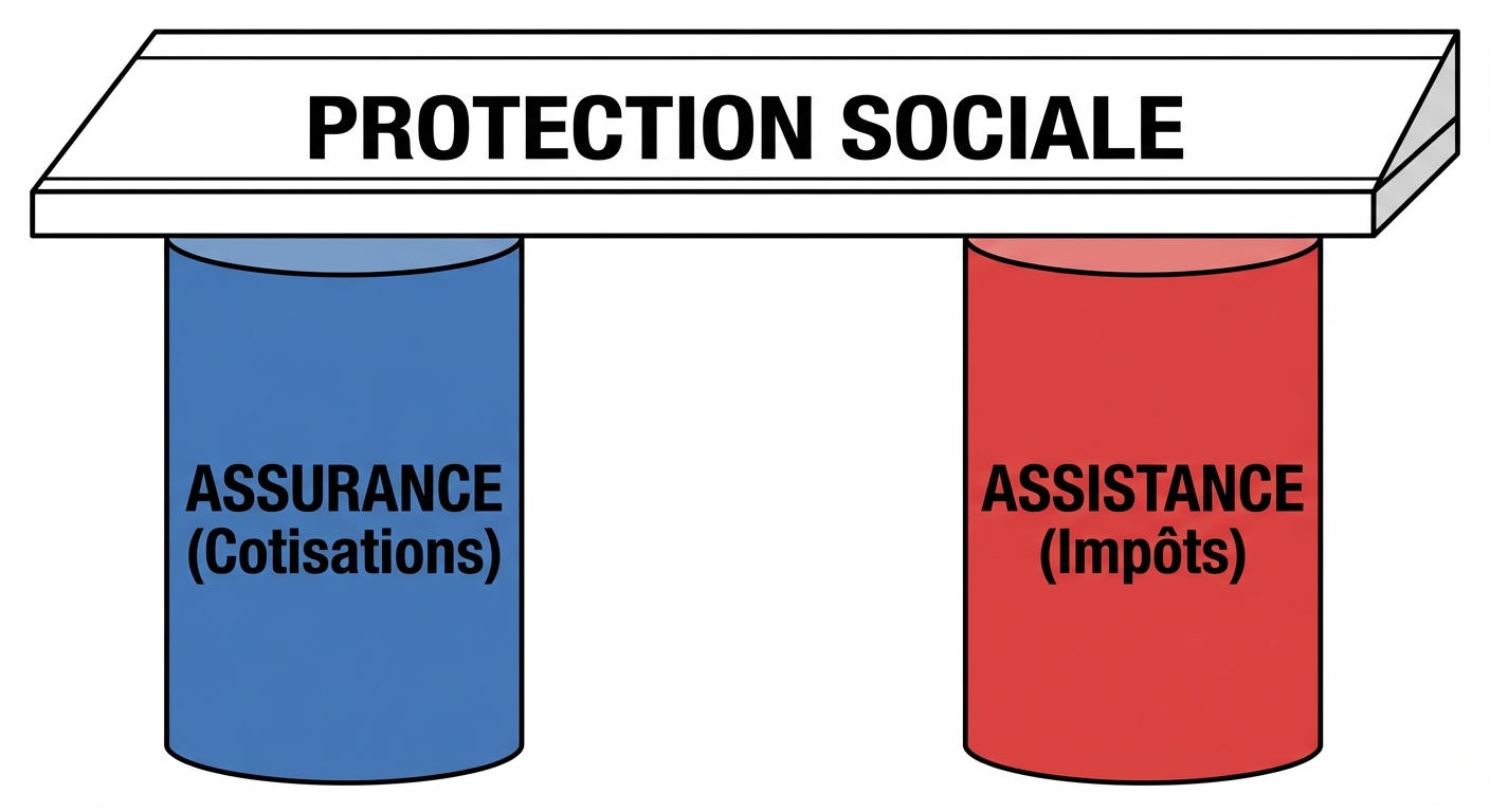 Schéma simple de face. Un toit nommé 'PROTECTION SOCIALE' soutenu par deux colonnes. La colonne de gauche est bleue, marquée 'ASSURANCE (Cotisations)'. La colonne de droite est rouge, marquée 'ASSISTANCE (Impôts)'. Fond blanc.