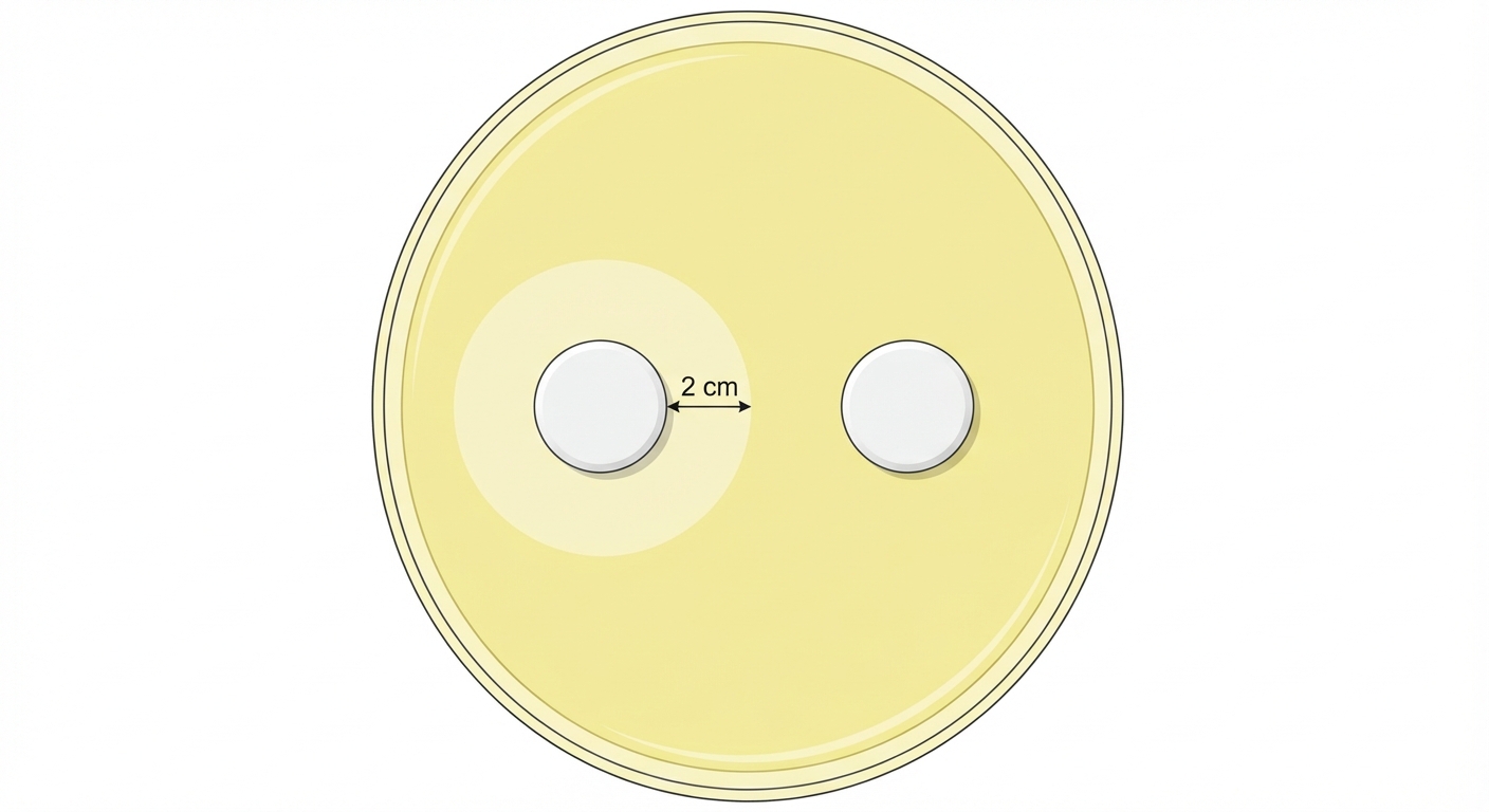Vue de dessus d'une boîte de Pétri ronde jaune pâle. Deux pastilles blanches rondes sont posées dessus. Autour de la pastille de gauche, un grand halo transparent (vide) de 2 cm. Autour de la pastille de droite, aucun halo, le fond jaune touche directement la pastille.