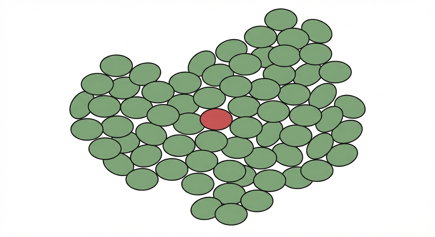 Schéma simple sur fond blanc. Une foule dense de 50 petites formes ovales vertes (bactéries classiques 'sauvages') regroupées. Au milieu, exactement une forme ovale rouge (bactérie mutée). Les formes sont simples, sans noyau ni organites détaillés.