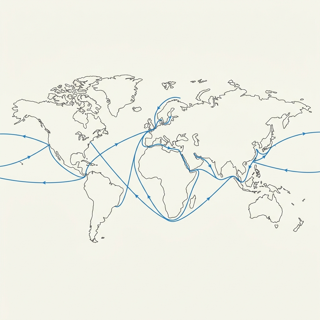 Carte vectorielle du monde représentant les principales routes maritimes avec des tracés bleus épurés traversant les détroits de Malacca, d'Ormuz et le canal de Suez. Style sobre de manuel scolaire sur fond clair, sans aucun texte.