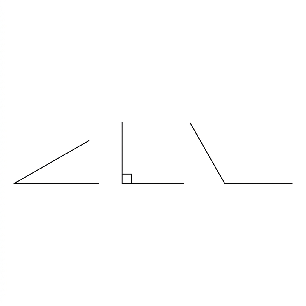Illustration pédagogique pour un cours de maths, niveau 6e (début du collège, ~11 ans). Style : manuel scolaire, traits nets, fond clair de préférence. N'AJOUTE PAS de texte, de chiffres, de lettres ou de symboles dans l'image (aucune légende, aucune opération, aucun titre), à part si on te le demande clairement. N'ajoute pas d'objets, de personnages ou de décor qui ne sont pas mentionnés. Si un nombre d'objets est indiqué, dessine EXACTEMENT ce nombre (pas plus, pas moins). Tu dois représenter STRICTEMENT la scène suivante, en respectant les quantités et la disposition décrites (n'ajoute rien, n'enlève rien) : Dessin géométrique épuré sur fond blanc montrant trois angles distincts bien séparés. À gauche un angle aigu fermé avec deux branches noires fines, au centre un angle droit parfait formant une équerre avec un petit carré dans le coin, à droite un angle obtus largement ouvert.