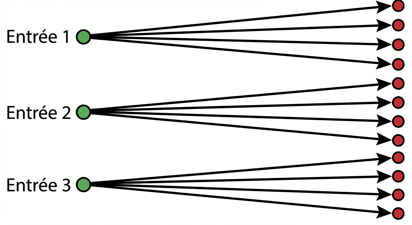 Schéma en arbre simple sur fond blanc. À gauche, 3 points verts étiquetés Entrée 1, Entrée 2, Entrée 3. De chaque point vert partent 4 flèches vers des points rouges à droite représentant les plats. Au total il y a 12 chemins visibles.