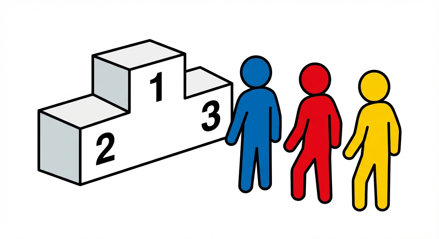 Dessin vectoriel simple d'un podium olympique avec les marches 1, 2 et 3. Trois personnages de couleurs différentes (bleu, rouge, jaune) sont prêts à monter dessus. Fond blanc épuré.